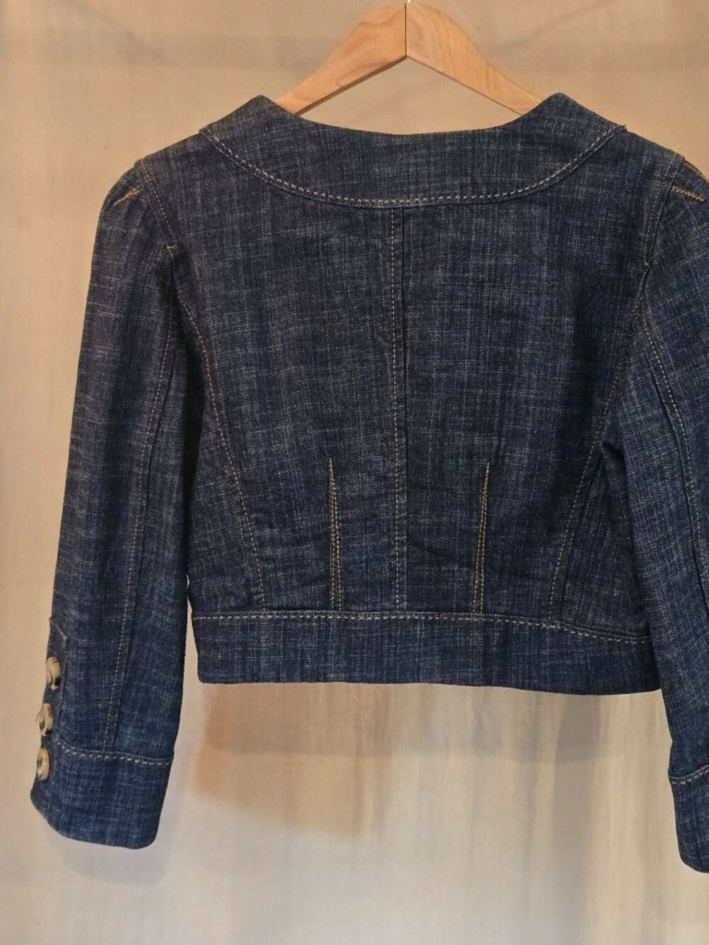 LOFT Cropped Collarless Denim Jacket Blue Jean Blazer Open Front Size 6 - Picture 6 of 15